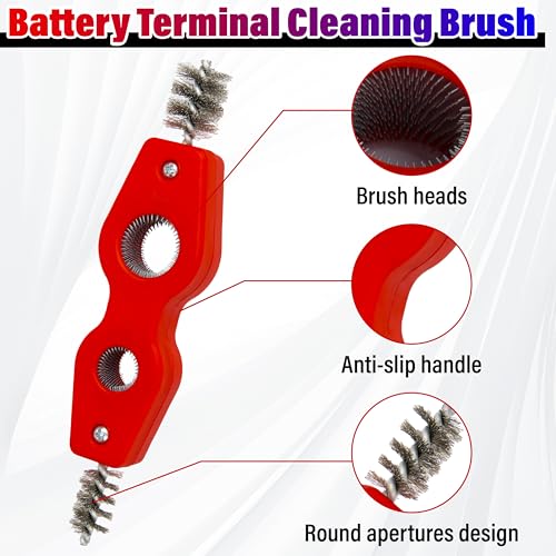 Car Battery Terminal Cleaning Brush, 4 in 1 Auto Battery Cleaner (Red) | Anti-Rust Battery Terminals Machine Parts Cleaning Tool with Steel Wire for Plumbing Installation Soldering Brazing - color: Red