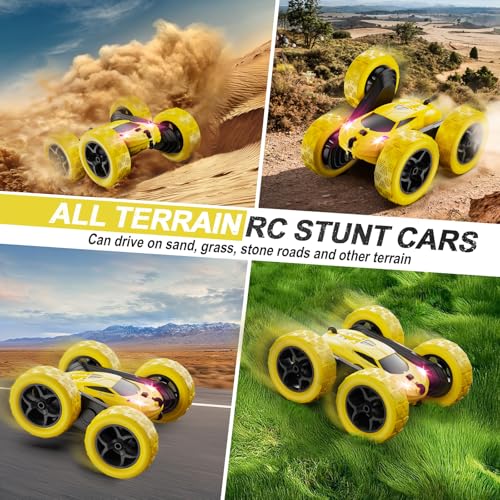 QUNREDA Remote Control Car,RC Car Toys for 6-12 Year Old Boys, Off Road RC Stunt Car 4WD 360° Rotating Remote Control Car for Kids, Boys Girls Gifts for Birthday, Christmas Yellow - color: Yellow