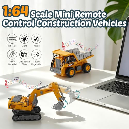 Mini RC Excavator and Dump Truck 1:64 Scale for Kids Adults | Desktop Alloy Remote Control Construction Vehicles with Lights, Sound, Variable Speed, Includes Traffic Signs and Play Mat