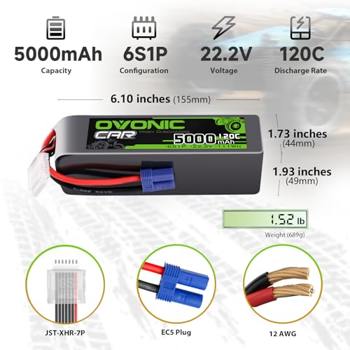 OVONIC 6S LiPo Battery 22.2V 5000mAh 120C with EC5 Plug for RC Car RC Truck Airplane Helicopter Boat Car Racing RC Hobby (2 Packs)