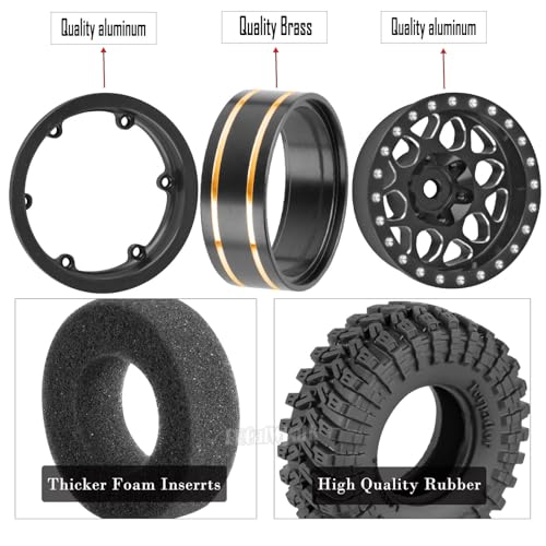 RC 1.3 Beadlock Wheels and Tires for 1/18 TRX4M 1/24 SCX24 FCX24 RC Crawler Car,4pcs RC 1.3 in Brass Rims & Aluminum Beadlock Wheels Rims and Tires,Black - color: Black - (4pcs 1.3 Tires)