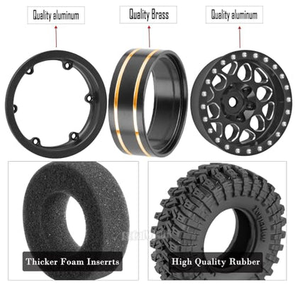 RC 1.3 Beadlock Wheels and Tires for 1/18 TRX4M 1/24 SCX24 FCX24 RC Crawler Car,4pcs RC 1.3 in Brass Rims & Aluminum Beadlock Wheels Rims and Tires,Black - color: Black - (4pcs 1.3 Tires)