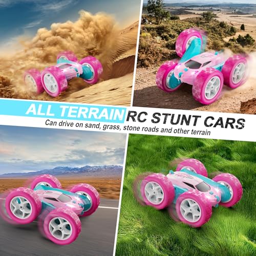 QUNREDA RC Cars, Pink Remote Control Car for Girls, 2.4 GHZ Double Sided RC Stunt Car 360° Rotating Remote Control Crawler with Headlights Car Toys for 6 7 8 9 10 11 12 Girls Birthday Gift Grandkids - color: Pink