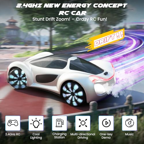 SIMREX Gesture Sensing Remote Control Car with Charging Dock - 360° Rotate Drift RC Stunt Car Toy, 40 Min Playtime, Dual Control, Spray Mist & LED Lights, Birthday Gift for Kids Boys Girls（White） - color: White