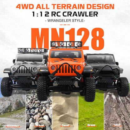 ARRIS MN128 1/12 RC Rock Crawler 4WD Off-Road Jeep RTR Truck | Wrangler Style Body, Full Proportional Control, LED Lights, Trail Ready - color: Gray