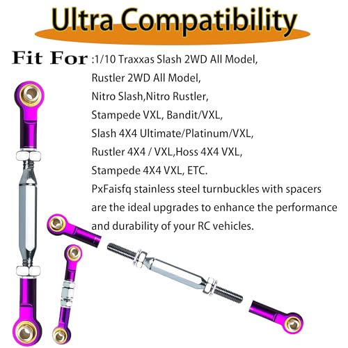 Stainless Steel Turnbuckles Fit for 1/10 Traxxas Rustler Slash Hoss,Purple | 74-108mm Adjustable Camber Links with Rod Ends for Stampede Bandit,Upgrades Hop Ups Parts - color: Purple