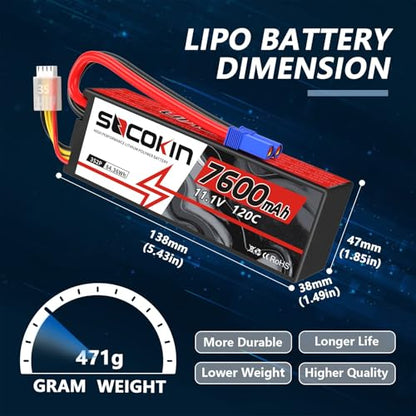 3S 7600mAh Lipo Battery 11.1V Lipo Battery with EC5 Connector for RC Car RC Vehicles RC Boat RC Racing Truck Helicopter Airplane RC Model Hard Case