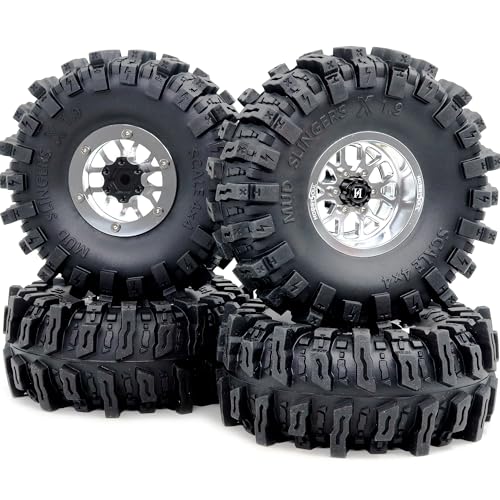 4.85'' Tall Mud Slingers X 1.9 tires T8 & -10.5mm Negative Offset 1.9 Beadlock wheels rims For 1/10 Crawler SCX10 TRX4 Upgrades,HS701550 - color: Silver
