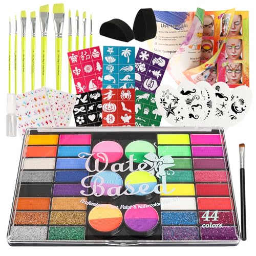Pintada 44 Color Face Painting Kit for Kids - Non Toxic Water Activated Face Paint Palette with Stencils, Brushes, Gems & Glitter. Halloween, Carnival; Costume Makeup for Creative Activities - color: 44 Colors With artist Brush Set