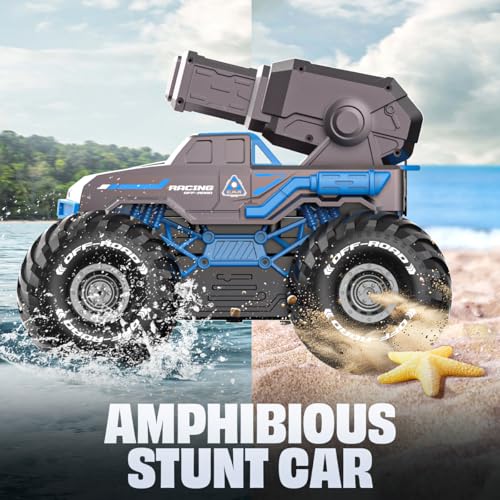 BEZGAR Remote Control Monster Truck, RC Boat Amphibious Cars Pickup Monstertruck with Shooting Water Gun - Pool Toys 4WD Waterproof All-terrian Off-Road Vehicles Gifts for Kids Boys Adults - color: Blue
