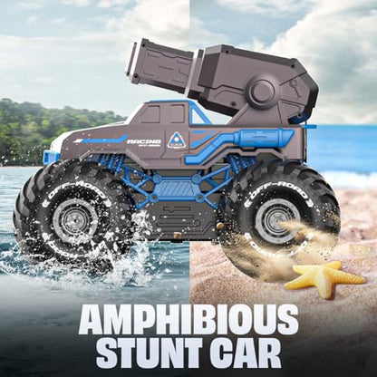 BEZGAR Remote Control Monster Truck, RC Boat Amphibious Cars Pickup Monstertruck with Shooting Water Gun - Pool Toys 4WD Waterproof All-terrian Off-Road Vehicles Gifts for Kids Boys Adults - color: Blue