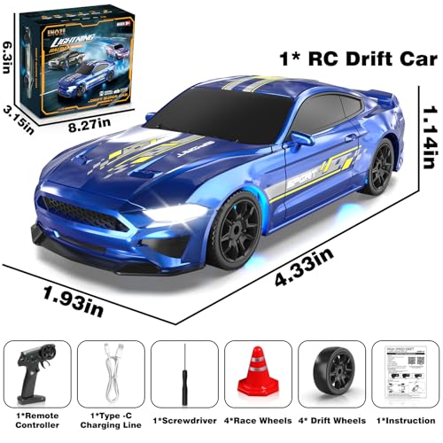 RC Drift Car 1/43 Scale Mini RC Drift Cars with Gyro, 4WD Full Proporitonal High Speed Remote Control Car with LED Lights and Drifting Tires Hobby Racing Cars for Adults Kids Boys Girl, Blue - color: Blue