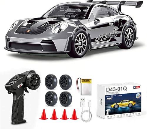 ARRIS 1/43 911 RC Drift Car 4WD with Gyro Full Proportional RTR | Alloy Body, 20KM/H Speed, Extra Drift Tires, Silent Bearings, LED Lighting - color: Silver-911