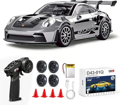 ARRIS 1/43 911 RC Drift Car 4WD with Gyro Full Proportional RTR | Alloy Body, 20KM/H Speed, Extra Drift Tires, Silent Bearings, LED Lighting - color: Silver-911