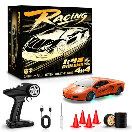 RC Drift Car, 1/43 Mini RC Drift Car with Gyro, 2.4GHz Full Proportional Control, 20KM/H 4WD High Speed Remote Control Alloy, LED Lights & Drift Tires, Toys Gift for Adults, Boys and Girls - color: Orange