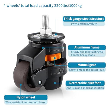 Skelang 4 Pcs Stem Leveling Machine Caster, Retractable Caster Wheel for Industrial Machine Equipment, Heavy Workbench, Movable Furniture, Total Load Capacity 2200Lbs