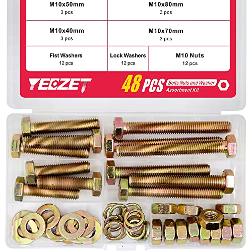 48Pcs Grade 8.8 M10 Hex Head Screws Bolts and Nuts Flat & Lock Washers Assortment Kit 40mm 50mm 70mm 80mm - color: M10--12Sets Bolts and Nuts Kit