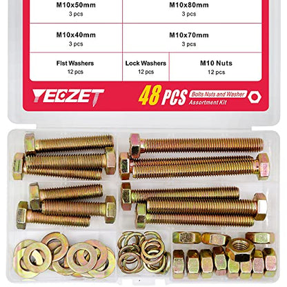 48Pcs Grade 8.8 M10 Hex Head Screws Bolts and Nuts Flat & Lock Washers Assortment Kit 40mm 50mm 70mm 80mm - color: M10--12Sets Bolts and Nuts Kit