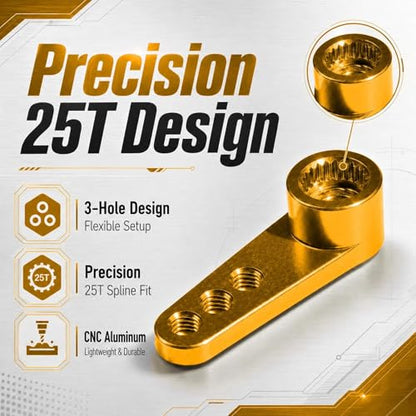 2PCS 25T Aluminum Servo Horn, 3-Hole RC Steering Arm for Futaba Savox MG995 | CNC Aluminum Servo Arm M3 Thread Adjustable Linkage 12mm 16mm 20mm Positions 1/8 1/10 RC Power HD MG996 Crawler Buggy Truck - color: Gold