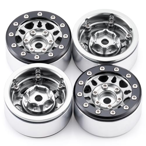 RCLIONS 1.55inch Aluminium Beadlock Wheels Rims for D90 TF2 CC01 AX90069 MST JIMNY 1/10 RC Crawler Trail Truck Car Upgrade Parts (Silver) - color: Silver