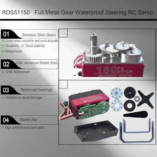150KG Digital RC Servo,RDS51150 Dual Shafts 12V High Torque Stainless Steel Metal Gear Large Steering Servo Motor with Mounting Brackets for 1/5 RC Car Crawler Robotic Arm Control Angle 270°