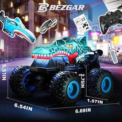 BEZGAR Monster Truck Toys, 1:20 Remote Control Car with Two Shell | Blue Dinosaur Toys, RC Truck with 360° Spins and Drifting, Toy Car Gifts for Boys with Light and Music, 20 Mins Battery Life - color: Two Shells