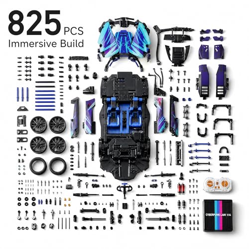 RC Car Building Kit, 1:14 App Control Car Kit with LEDs | car kit with 825 pieces, LED lights, app play, and 2.4GHz remote control; built for family building, indoor driving, display. - color: Cyberspace Blue