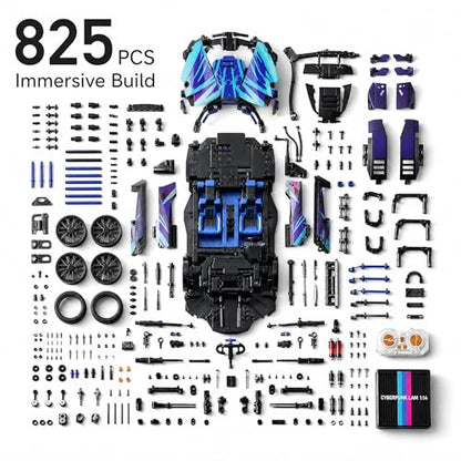 RC Car Building Kit, 1:14 App Control Car Kit with LEDs | car kit with 825 pieces, LED lights, app play, and 2.4GHz remote control; built for family building, indoor driving, display. - color: Cyberspace Blue