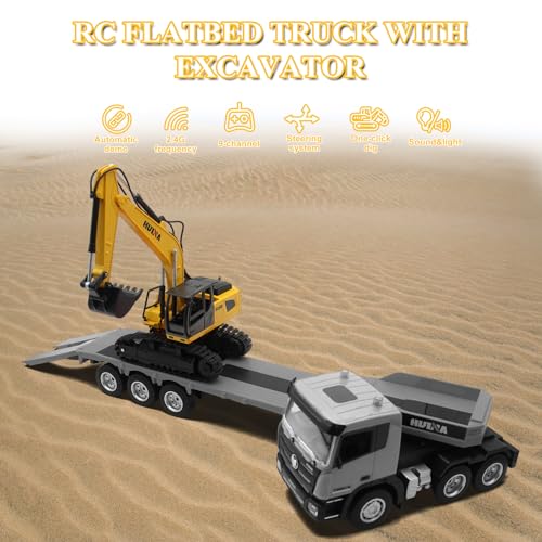 Fistone RC Semi Truck & Excavator Set, 2.4Ghz Remote Control Toys, 1:24 RC Semi-Trailer Engineering Tractor With Sound and Lights, Construction Vehicles for Boys - color: Gray