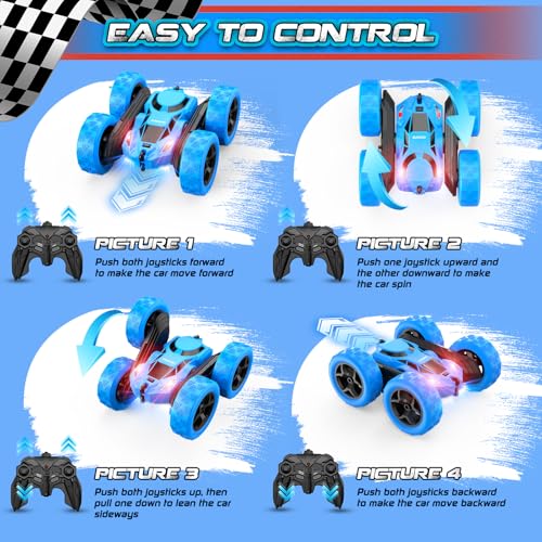 cosone Blue RC Stunt Car for Boys Kids | 2.4GHz Remote Control, 360° Spins & Double Sided Driving, LED Headlights, USB-C Rechargeable, Ages 4-8 8-12 - color: Blue Pro