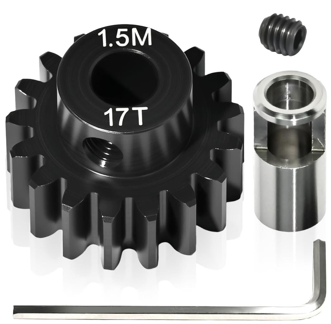 M1.5 17T Pinion Gear 8mm Bore with 8mm to 5mm Shaft Adapter Sleeve, Chromium Steel Motor Gear with Set Screw & Hex Key for Traxxas ARRMA Losi 1/5 1/8 RC Cars - size: 17T