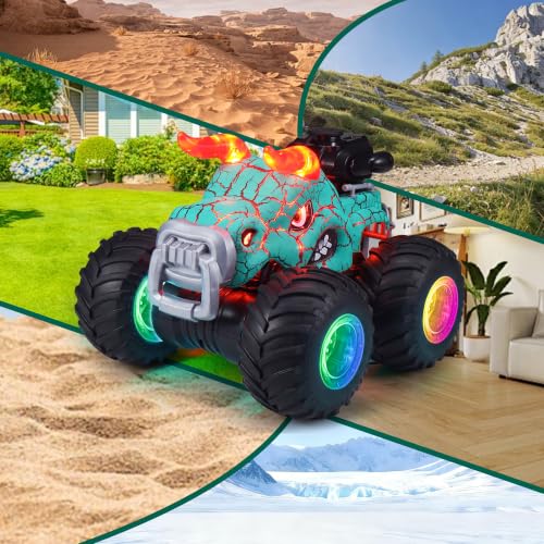 Remote Control Monster Truck Toys - 1000mAh Battery RC Stunt Car | 2.4GHz Remote Control, Flat & Upright 360° Spins, Trucks for Kids Ages 4-12, Birthday & Holiday Gifts for Boys & Girls - color: Green