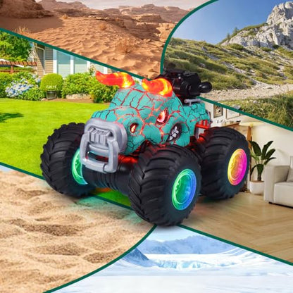 Remote Control Monster Truck Toys - 1000mAh Battery RC Stunt Car | 2.4GHz Remote Control, Flat & Upright 360° Spins, Trucks for Kids Ages 4-12, Birthday & Holiday Gifts for Boys & Girls - color: Green