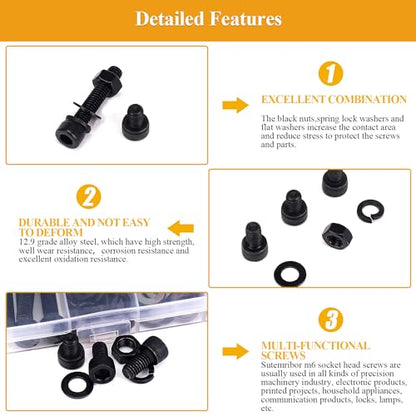 129 Pieces M6 Screws Nuts Washers Set Black, Sutemribor M6 x 8/10/12/16/20/25/30mm Hex Socket Head Cap Screws Nuts Washers Assortment Kit, 12.9 Grade Alloy Steel, Fully Threaded - size: M6, style: Socket Head