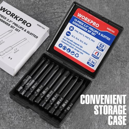 WORKPRO 10PCS Slotted Phillips Screwdriver Bit Set, Magnetic 1/4" Hex Shank | S2 Steel, Impact Driver Bits, Storage Box, CNC Precision Machining, Heat Treated - color: Phillips&slotted