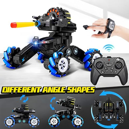RC Tank that Shoots, Gesture Sensing RC Tank for Boys 8-12 | Hand Gesture & Remote Drift Remote Control Trucks, 2.4GHz Battle Soft Bullets, Spray, Music, LED Lights, Kids Gift - color: Blue & Soft Bullets