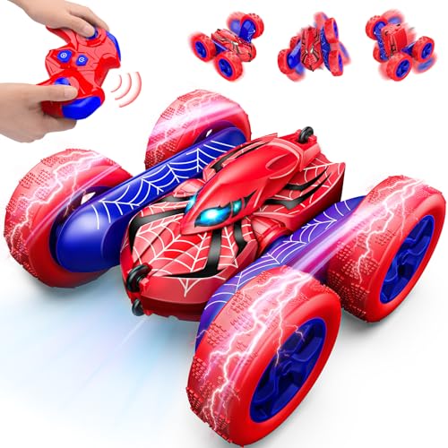 Excitobo Remote Control Car,Double Sided 360° Rotating 4WD RC Cars Toys for 3-12 Year Old Boys 2.4GHz Electric Rechargeable Race Stunt Birthday Halloween Christmas Easter Toys for Boys 4-6 3-4 - color: Red & Blue