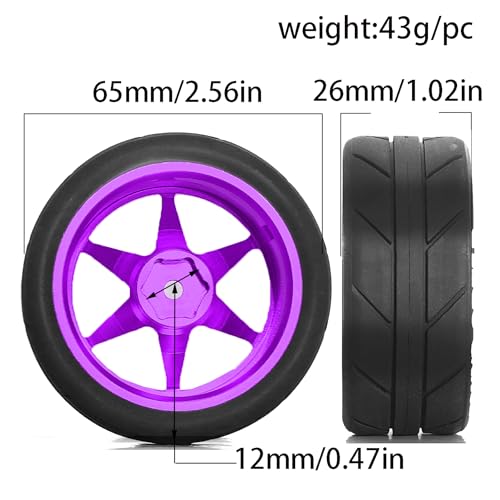 1/10 RC On Road Tires OD 65mm and Aluminum Street Wheels 12mm Hex Touring Tyres for 1:10 Rally Racing Drift Car Tamiya TT01 TT02 XV01 HPI KYOSHO HSP PTG2 Traxxas TA06 A959 PTG2 (Purple) - color: Purple