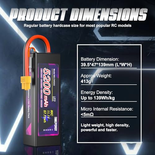 11.1V Lipo Battery 3S 5200mAh 80C Lipos Hard Case with XT60 Connector for RC Car Trucks 1/8 1/10 RC Vehicles(2 Packs) - color: Hardcase-2