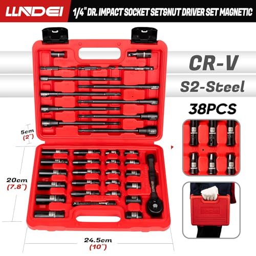 1/4" Drive Socket Set & Nut Driver Set with Ratchet 38Pcs SAE 5/32" | 1/4" Sockets Deep&Shallow SAE 5/32" to 9/16" with Ratchet, Hex Shank 6" Long Nut Drivers(1/4"-9/16") for Drill Bits(PH1 PH2) - size: 38PCS SAE