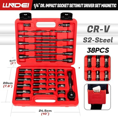 1/4" Drive Socket Set & Nut Driver Set with Ratchet 38Pcs SAE 5/32" | 1/4" Sockets Deep&Shallow SAE 5/32" to 9/16" with Ratchet, Hex Shank 6" Long Nut Drivers(1/4"-9/16") for Drill Bits(PH1 PH2) - size: 38PCS SAE