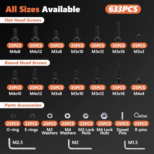 633PCS RC Screw Kit, 10.9 Carbon Steel Hex Bolts for Traxxas Axial | High Tensile, M3/M4, For Redcat Arrma RC4WD HSP HPI SCX10 Losi 1/8 1/10 1/12 1/16 1/20 Scale RC Crawler Cars Trucks - color: 633PCS Black
