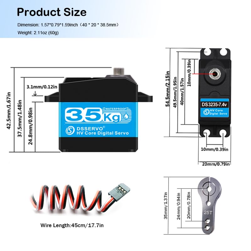 35kg RC Digital Servo 7.4v Steering servo Motor 25T Full Metal Gear High Torque High Speed Waterproof for 1/8 1/10 1/12 RC Cars Crawler DIY Robotic - 270 Degree - size: 270 Degrees