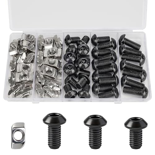60pcs M8 T-Nut Screw Kit for 4040/4080 Series Aluminum Extrusion | 30 T-nuts+30 black hex socket screws(M8×12/16/20mm). For 3D printers, CNC, laser engravers - size: 60pcs M8 T-Nut Kit