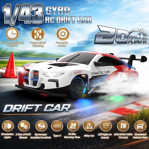 RC Drift Car, 1/43 Mini RC Drift Car with Gyro, 2.4GHz Full Proportional Control, 20KM/H 4WD High Speed Remote Control Alloy, LED Lights & Drift Tires, Toys for Adults, Boys and Girls Gift - color: Multicolor