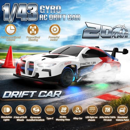 RC Drift Car, 1/43 Mini RC Drift Car with Gyro, 2.4GHz Full Proportional Control, 20KM/H 4WD High Speed Remote Control Alloy, LED Lights & Drift Tires, Toys for Adults, Boys and Girls Gift - color: Multicolor