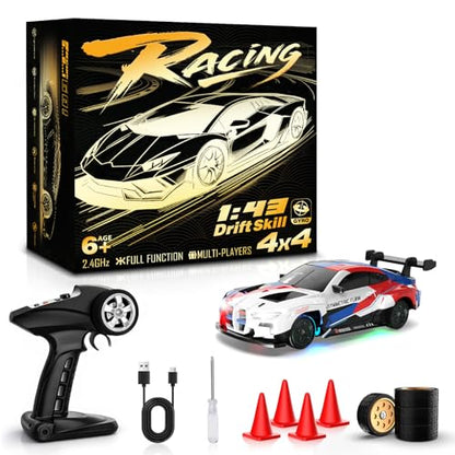 RC Drift Car, 1/43 Mini RC Drift Car with Gyro, 2.4GHz Full Proportional Control, 20KM/H 4WD High Speed Remote Control Alloy, LED Lights & Drift Tires, Toys for Adults, Boys and Girls Gift - color: Multicolor