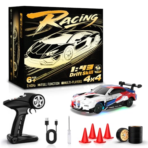 RC Drift Car, 1/43 Mini RC Drift Car with Gyro, 2.4GHz Full Proportional Control, 20KM/H 4WD High Speed Remote Control Alloy, LED Lights & Drift Tires, Toys for Adults, Boys and Girls Gift - color: Multicolor