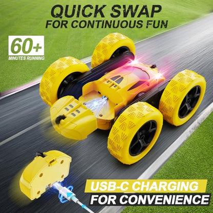 QUNREDA Remote Control Car,RC Car Toys for 6-12 Year Old Boys, Off Road RC Stunt Car 4WD 360° Rotating Remote Control Car for Kids, Boys Girls Gifts for Birthday, Christmas Yellow - color: Yellow