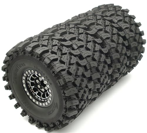136mm 2.2 Aluminium Beadlock Wheels and Tires Set (4-Piece) for 1/10 RC Crawler (Black) - color: Black